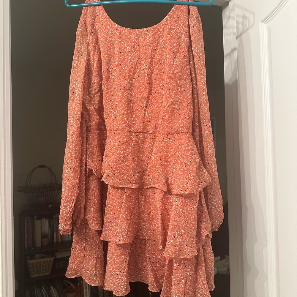 Burnt Red Floral Tiered Ruffle Dress